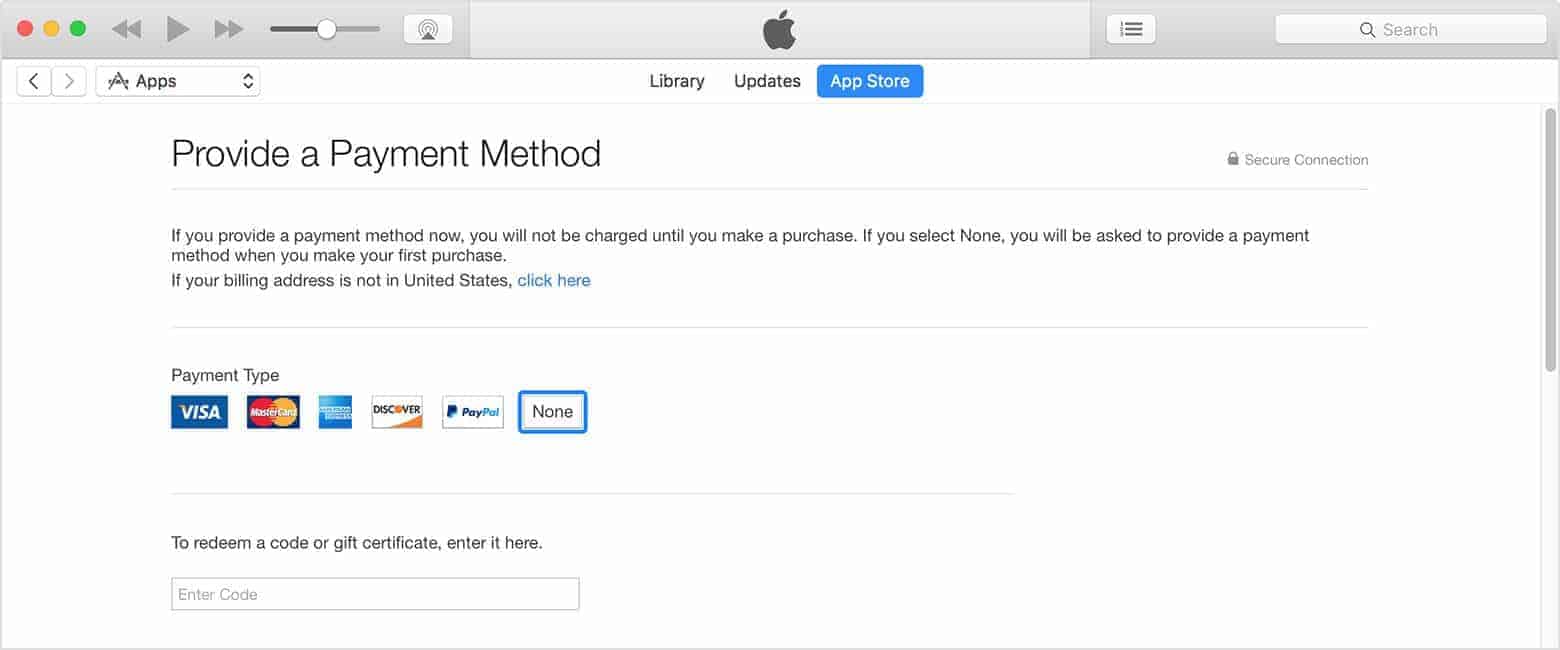 iTunes Store Apple ID Payment Method - None