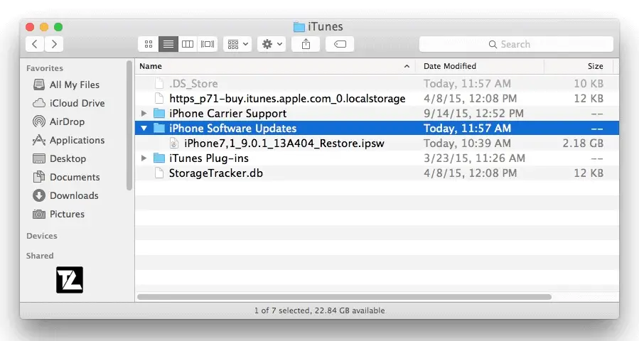 iPhone Software Updates Folder iTunes