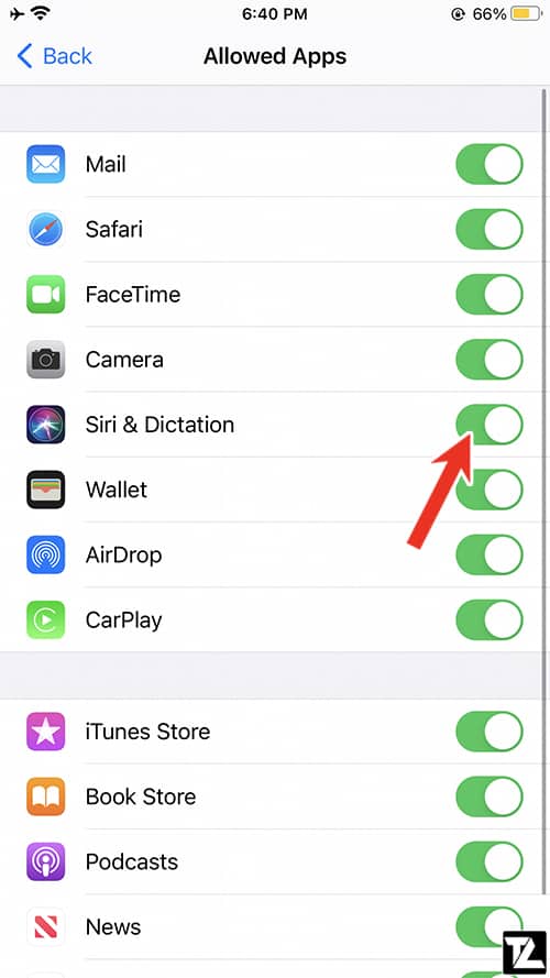 Allow Siri & Dictation in Content & Privacy Restrictions - Screen Time Settings