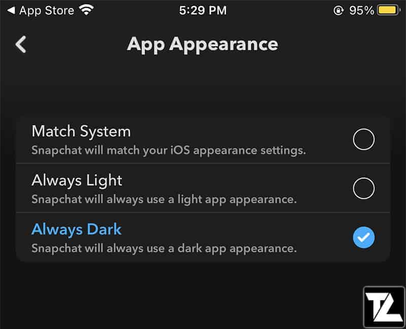 Snapchat Always Dark Mode