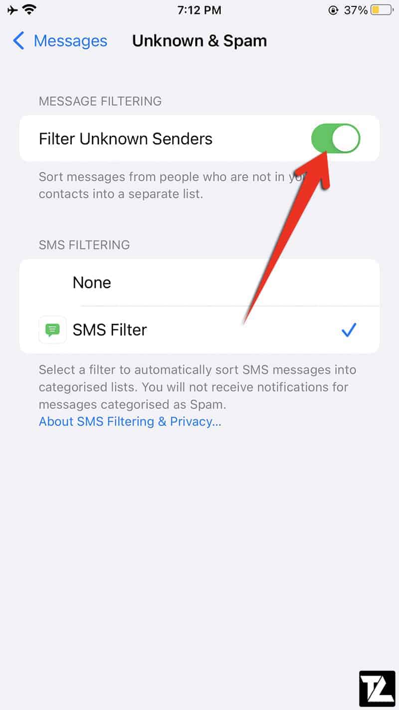 iOS Unknown & Spam Filter Unknown Senders Messages