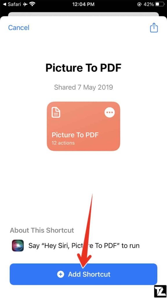Add Picture to PDF Shortcut to Shortcuts app