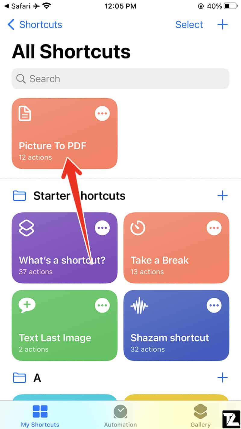 iOS Shortcuts app Picture to PDF shortcut